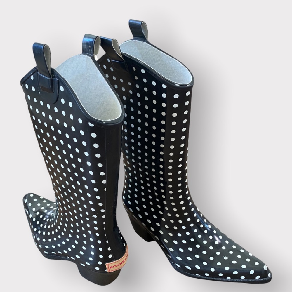 BIT & BRIDLE Women’s Tall Cowboy heeled polka dot rubber Rain Boots Size 7